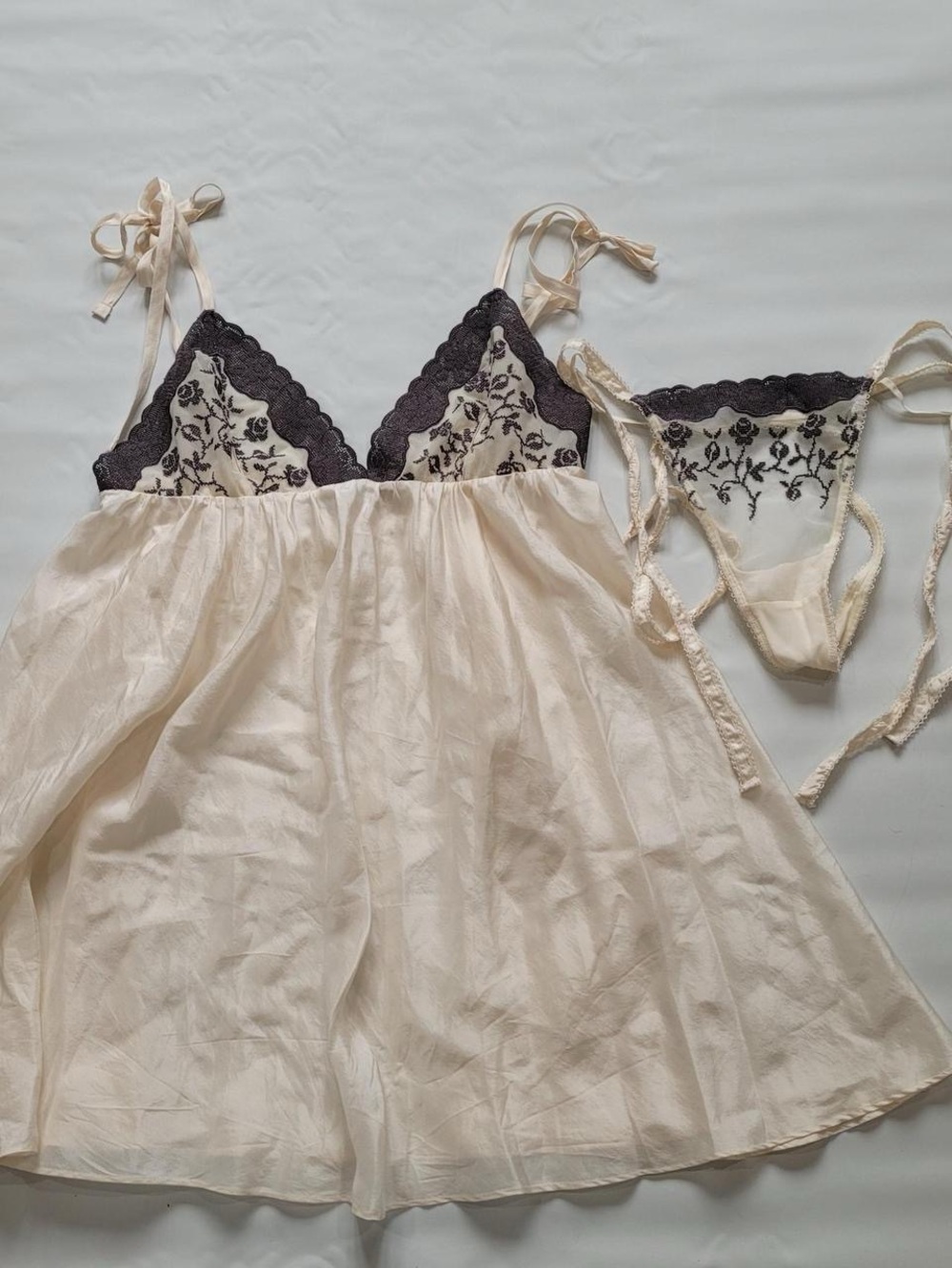 Victoria's Secret Cream and Black Sheer Embroidered Babydoll Set